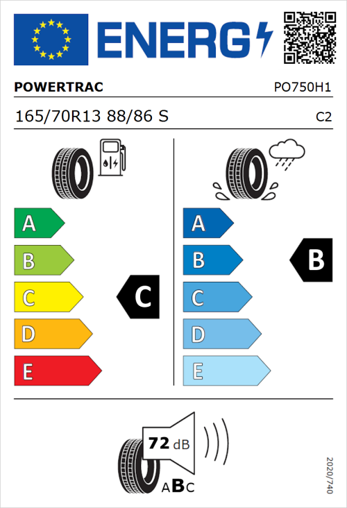 Tyre Label for Powertrac Van Tour 165/70R13 88/86S