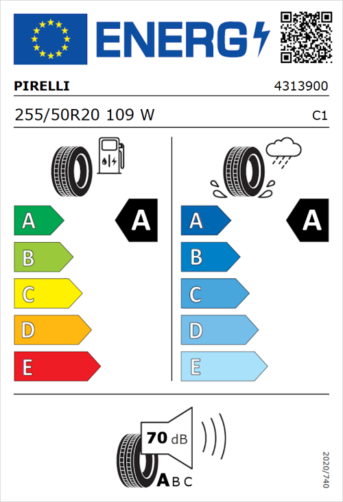 Tyre Label for Pirelli P ZERO E 255/50R20 109W