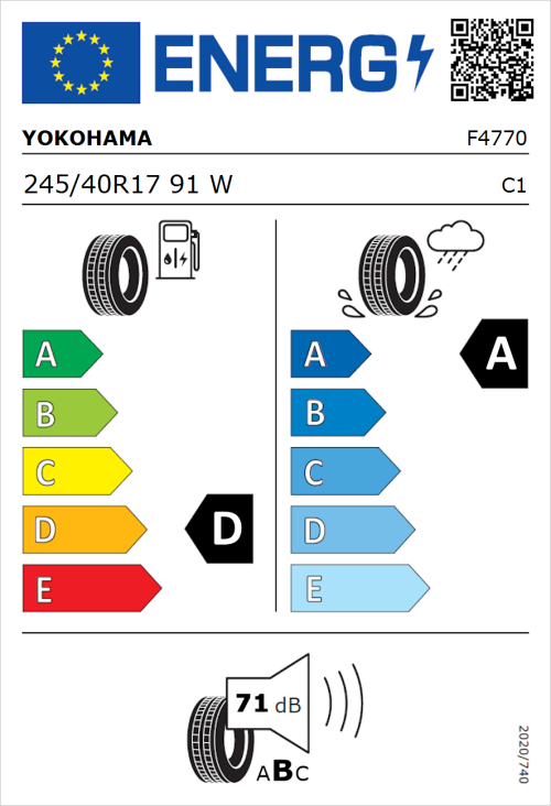 Tyre Label for Yokohama V105 245/40R17 91W